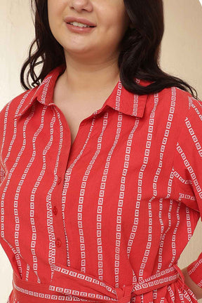 Plus Size Red Stripe Cotton Shirt Dress