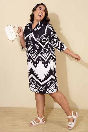 Plus Size Black White Print Shirt Dress