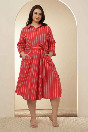 Plus Size Red Stripe Cotton Shirt Dress