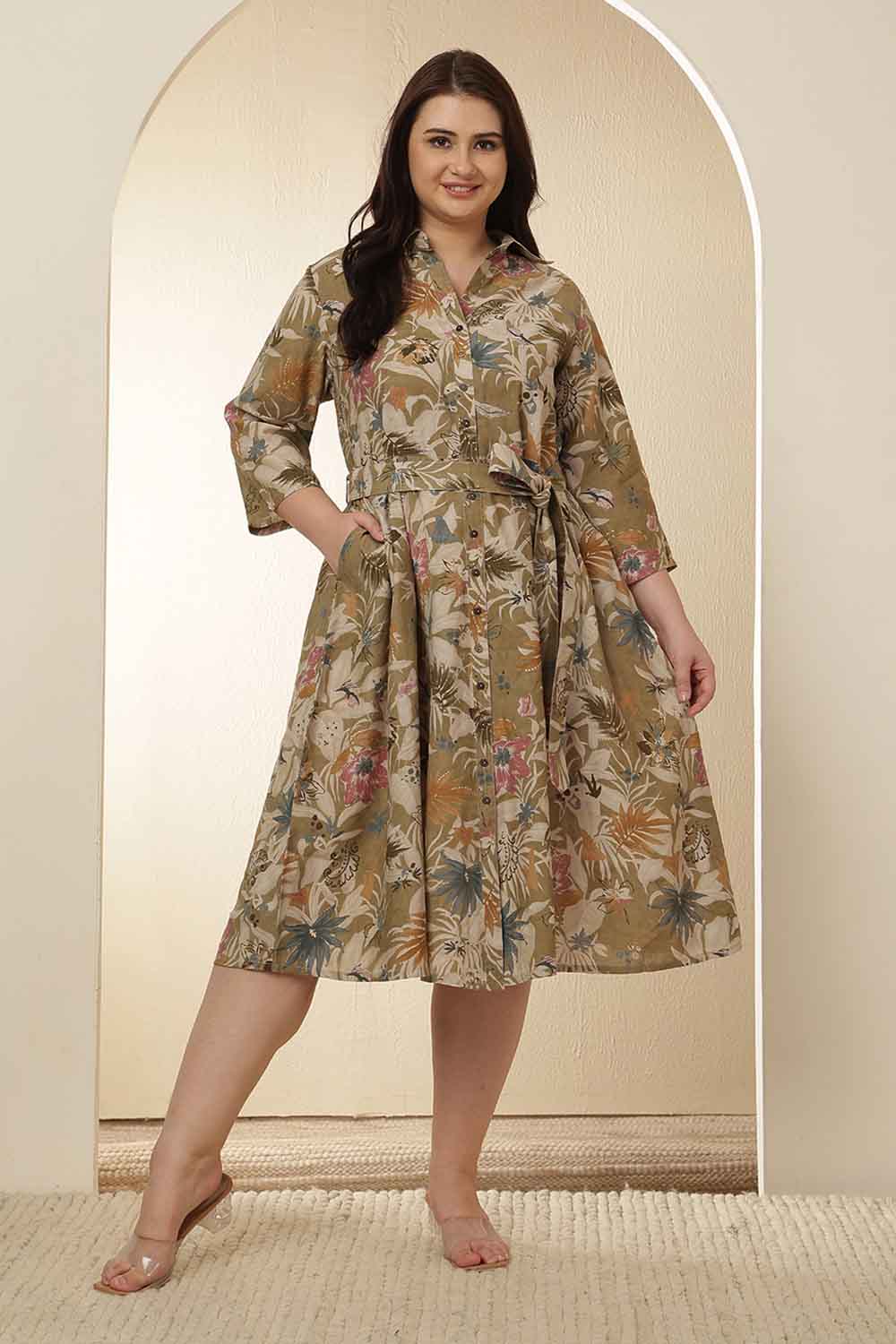 Plus Size Plus Size Olive Floral Rayon Muslin Shirt Dress