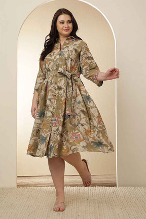 Plus Size Olive Floral Rayon Muslin Shirt Dress