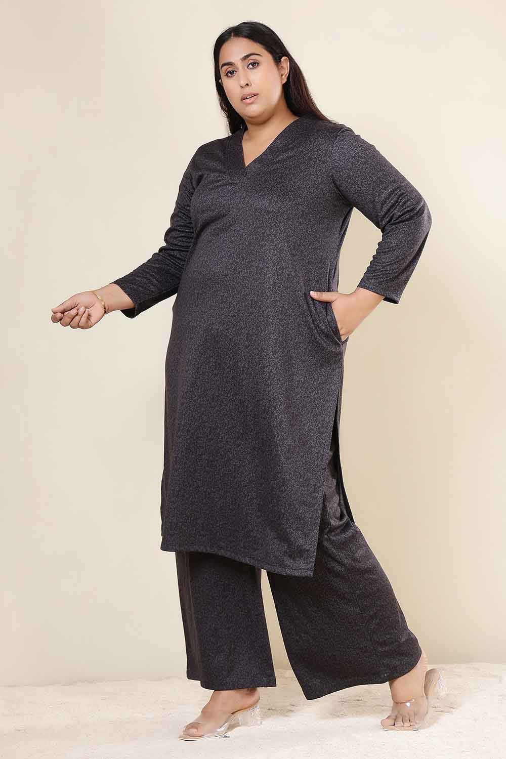 Plus Size Plus Size Charcoal Grey SnugWeave™ Kurta Coord Set