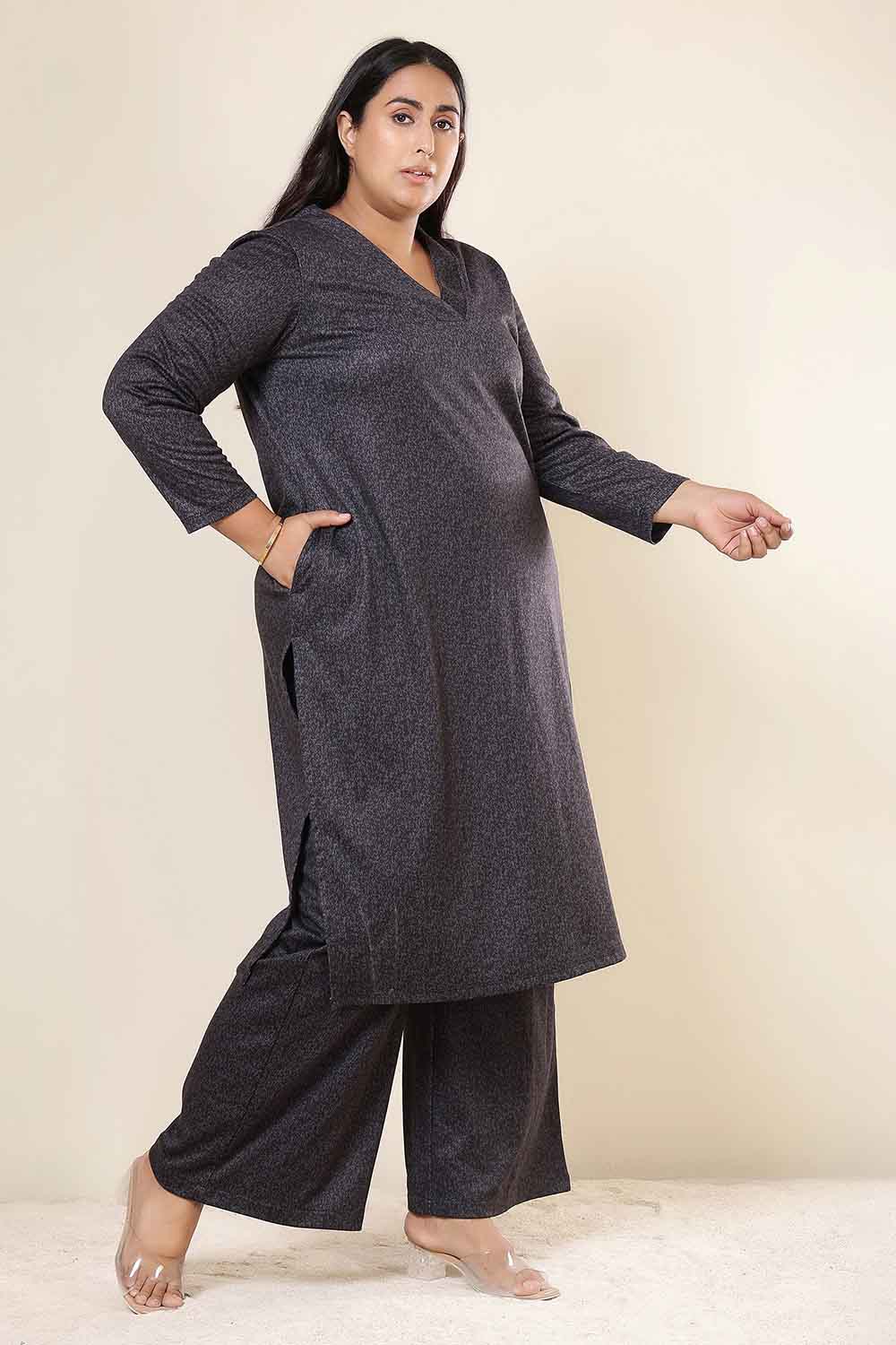 Plus Size Charcoal Grey SnugWeave™ Kurta Coord Set for Women
