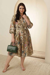 Plus Size Olive Floral Rayon Muslin Shirt Dress