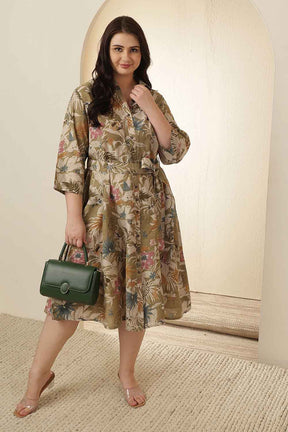 Plus Size Olive Floral Rayon Muslin Shirt Dress
