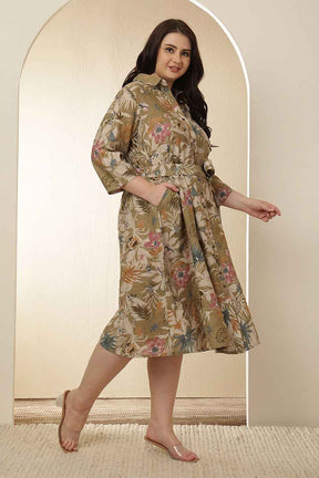 Plus Size Olive Floral Rayon Muslin Shirt Dress