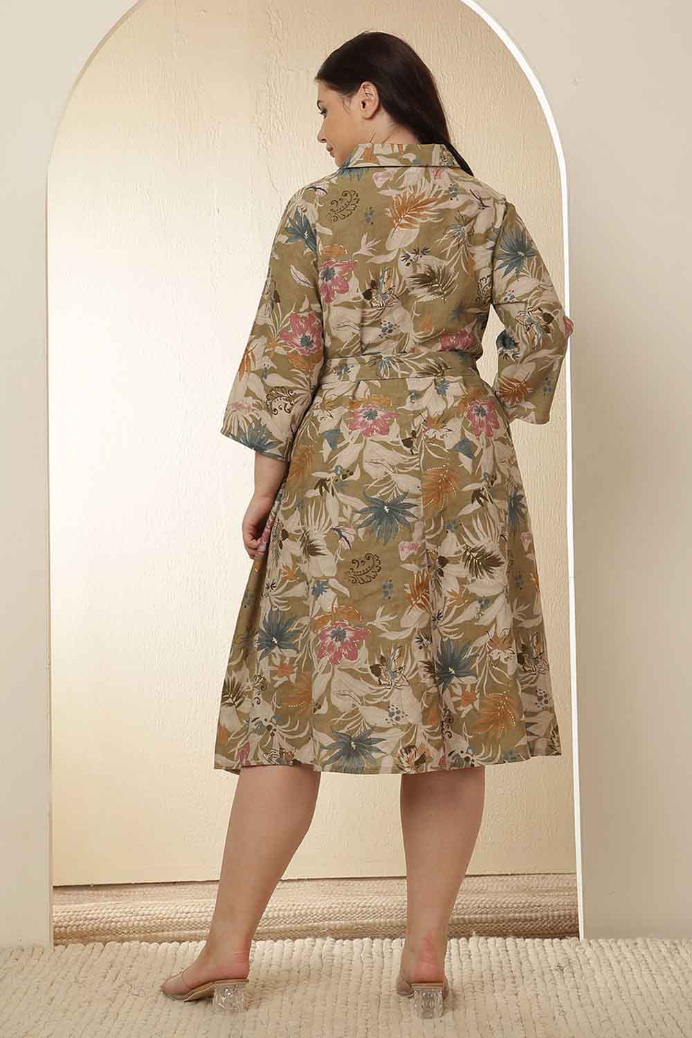 Plus Size Olive Floral Rayon Muslin Shirt Dress