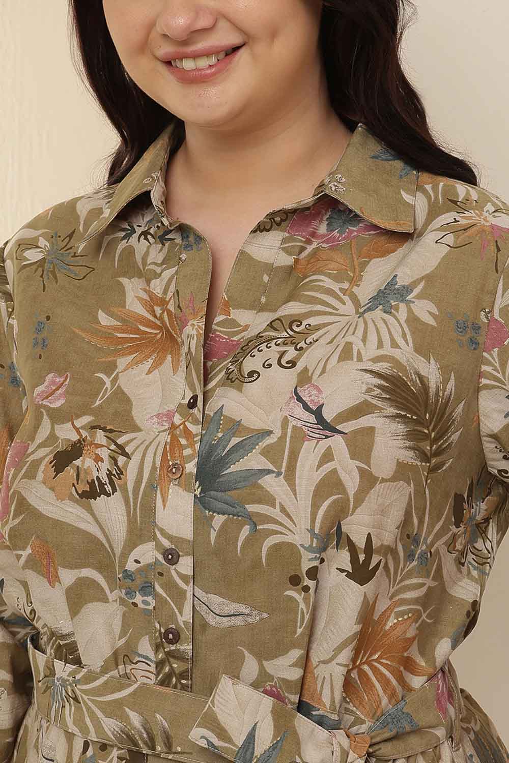 Plus Size Olive Floral Rayon Muslin Shirt Dress