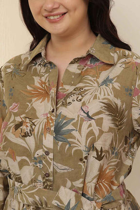 Plus Size Olive Floral Rayon Muslin Shirt Dress