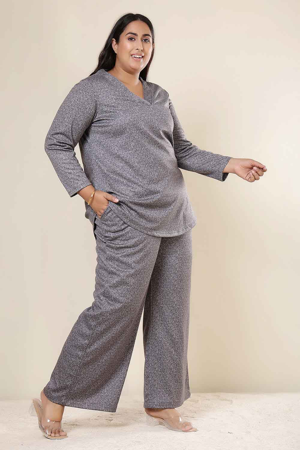 Plus Size Grey Melange SnugWeave™ Winter Top Coord Set for Women