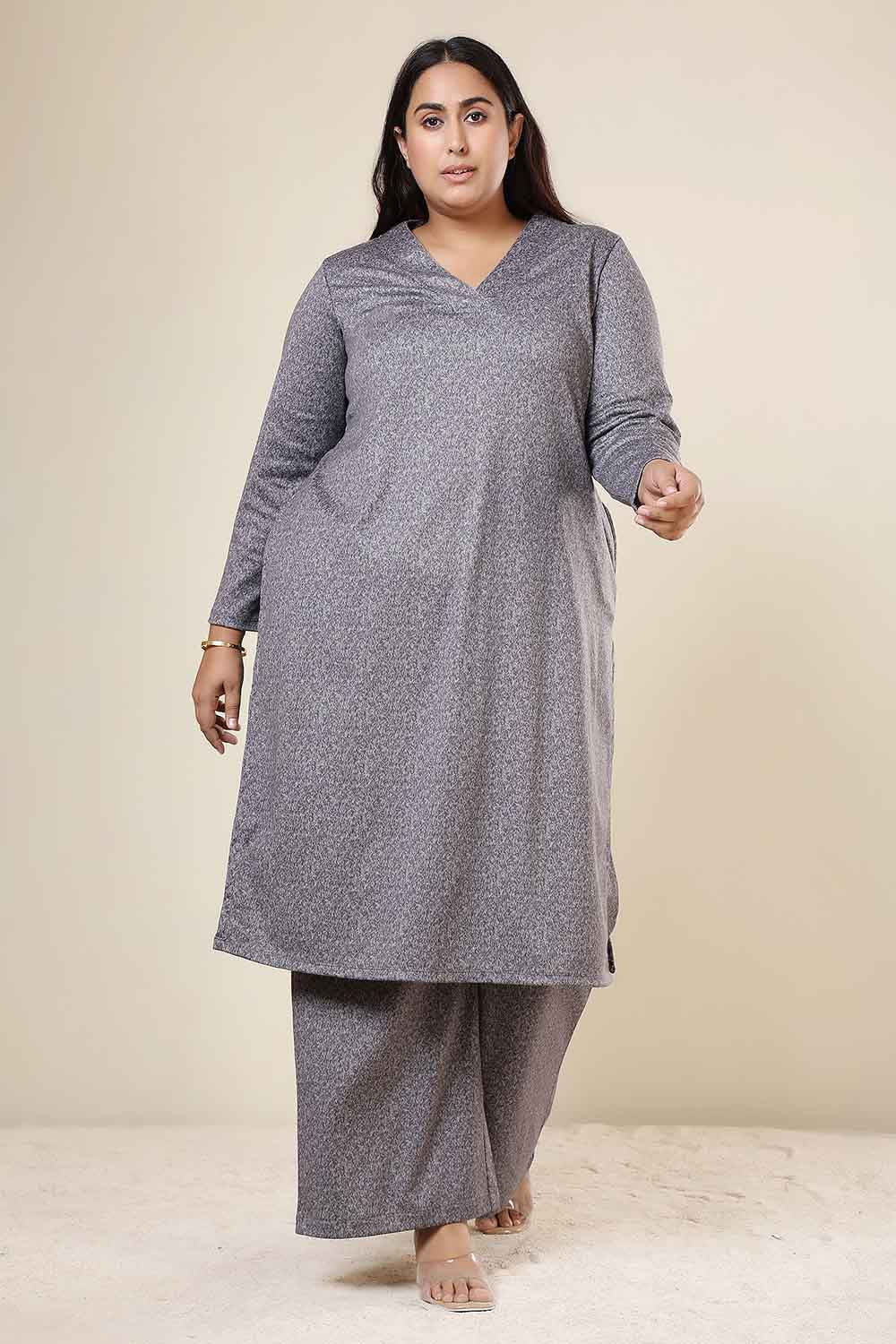 Plus Size Grey Melange SnugWeave™ Kurta Coord Set for Women
