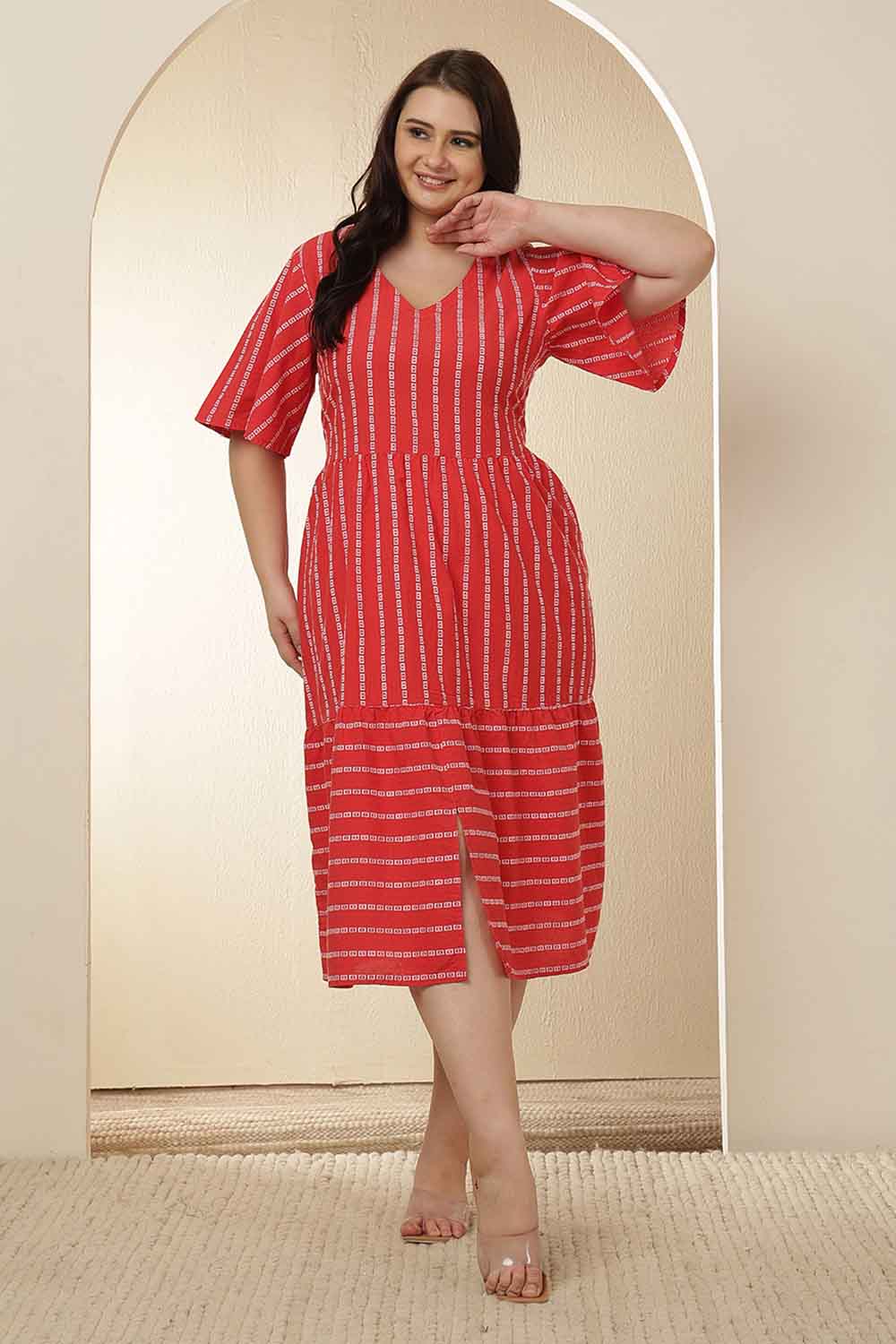 Plus Size Plus Size Red Stripe Tiered Cotton Dress