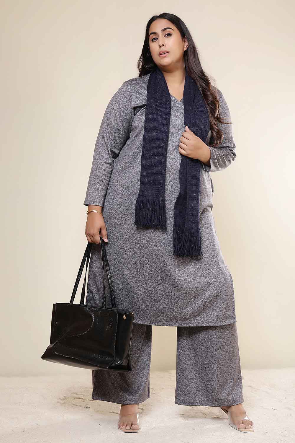 Plus Size Grey Melange SnugWeave™ Kurta Coord Set