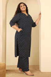 Plus Size Navy Blue Polka Dot Cotton Kurta Coord Set