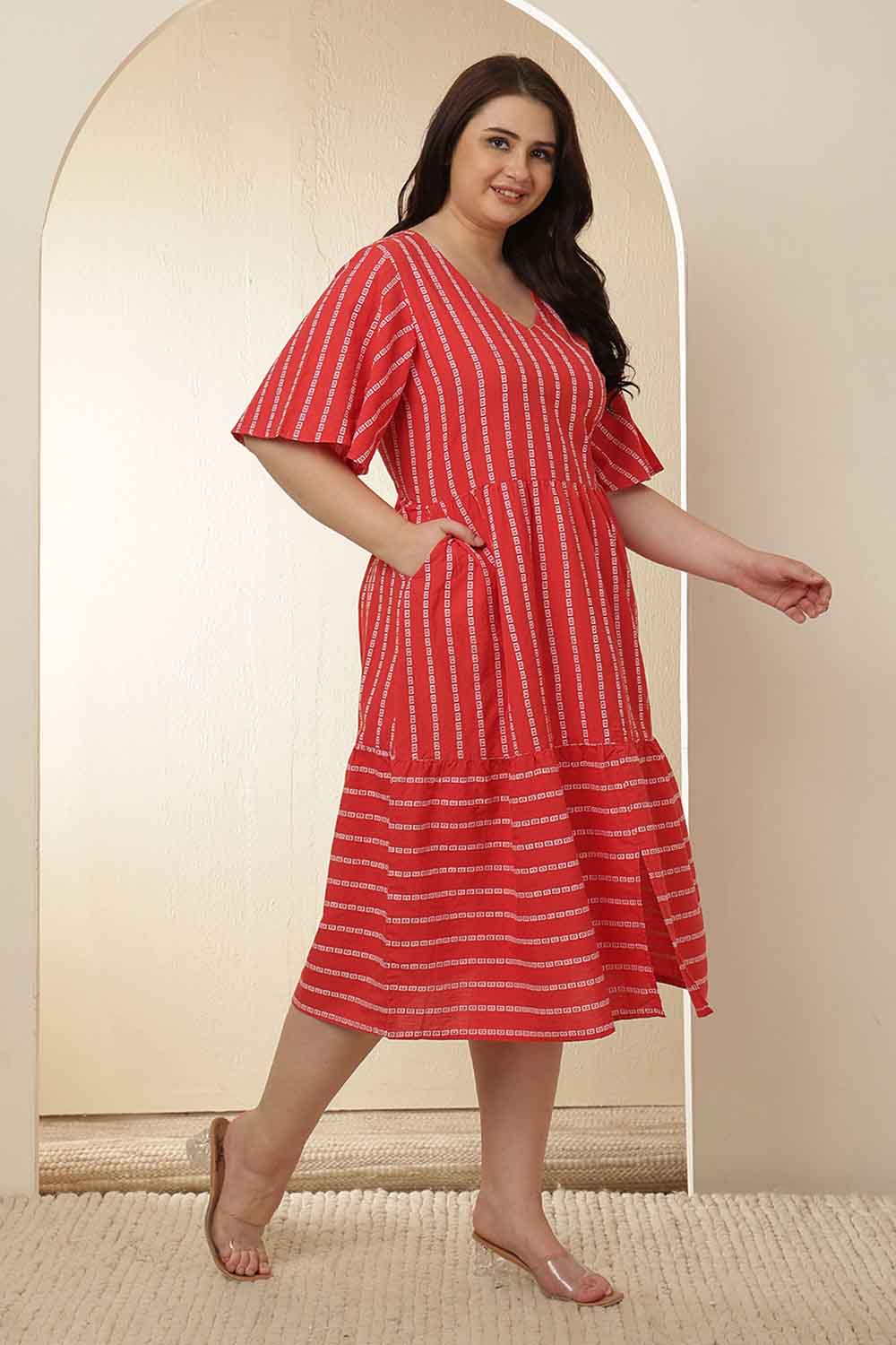Plus Size Red Stripe Tiered Cotton Dress for Women