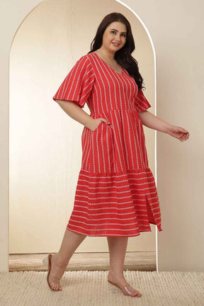 Plus Size Red Stripe Tiered Cotton Dress