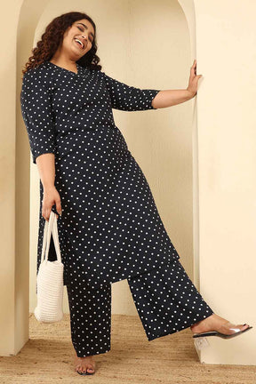 Plus Size Navy Blue Polka Dot Cotton Kurta Coord Set
