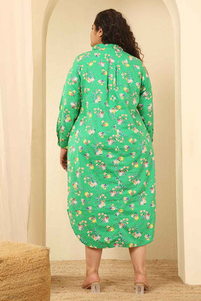 Plus Size Green Floral Print Cotton Shirt Dress