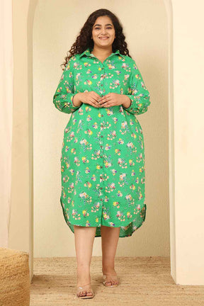 Plus Size Green Floral Print Cotton Shirt Dress