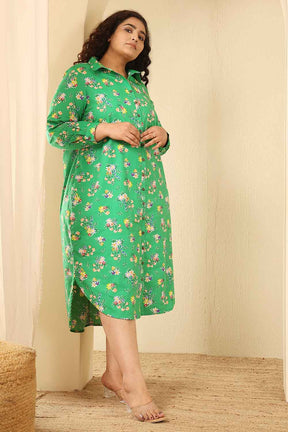 Plus Size Green Floral Print Cotton Shirt Dress