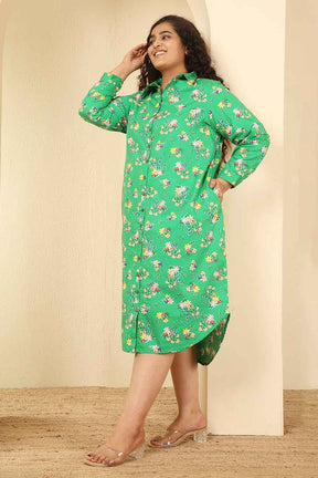 Plus Size Green Floral Print Cotton Shirt Dress