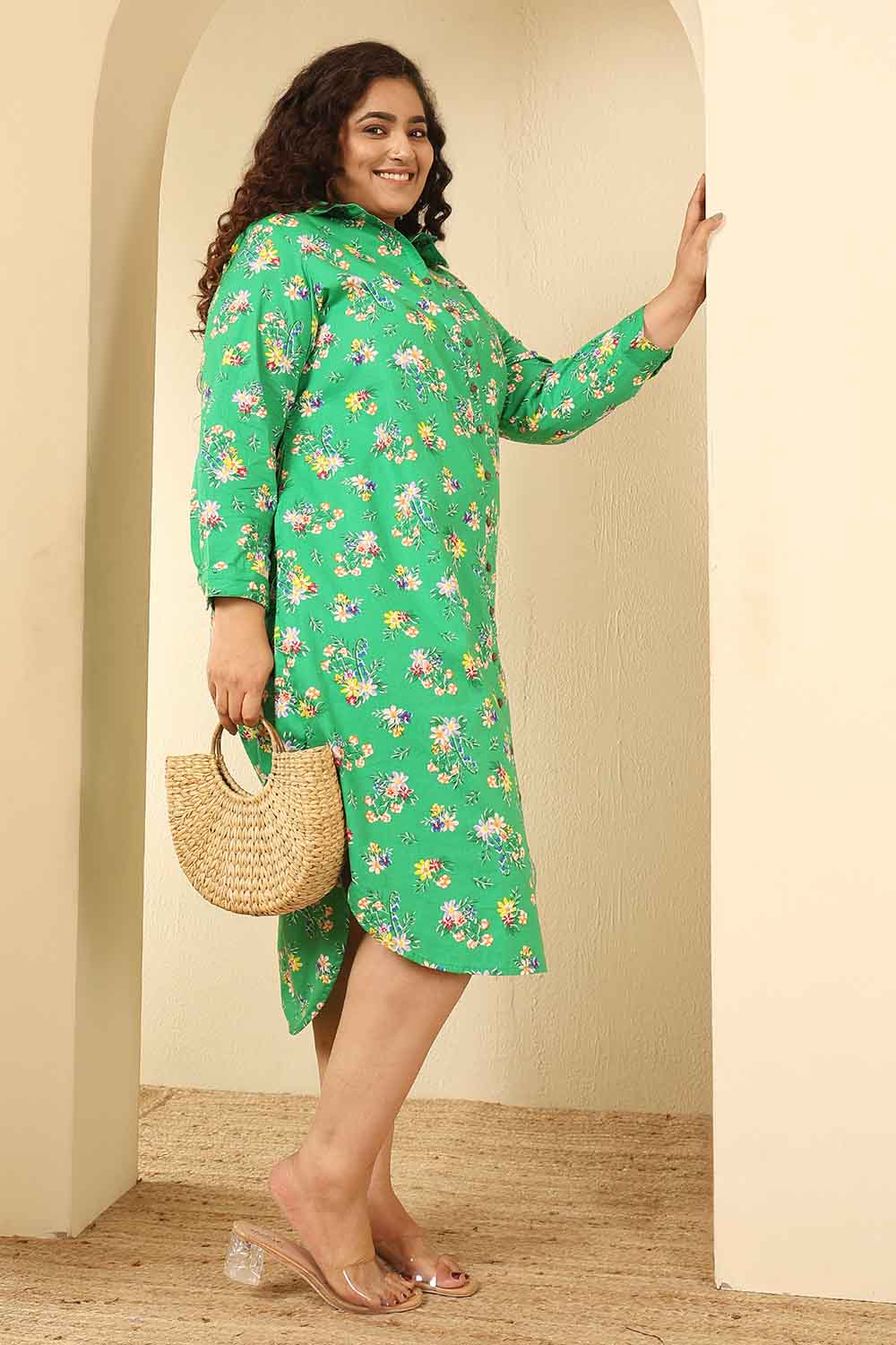Plus Size Green Floral Print Cotton Shirt Dress