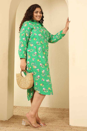 Plus Size Green Floral Print Cotton Shirt Dress