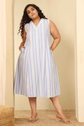 Plus Size Powder Blue Striped Sleeveless Cotton Midi Dress