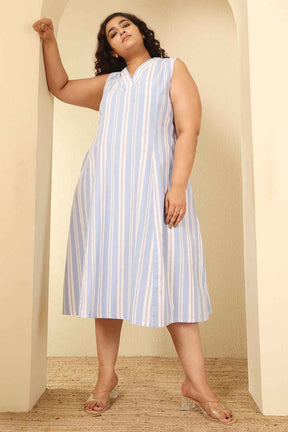 Plus Size Powder Blue Striped Sleeveless Cotton Midi Dress