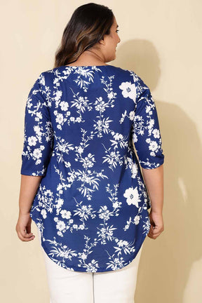 Plus Size Blue White Floral Print Centre Pleat Top