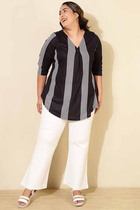 Plus Size Black White Striped Centre Pleat Top