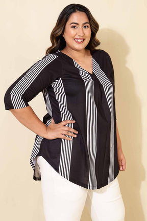 Plus Size Black White Striped Centre Pleat Top