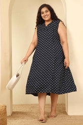 Plus Size Navy Blue Polka Dot Sleeveless Cotton Midi Dress