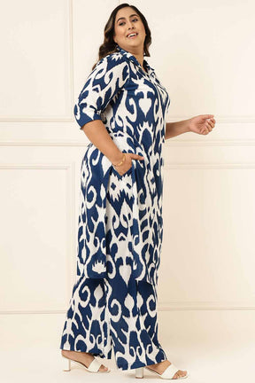 Plus Size Blue White Printed Coord Set