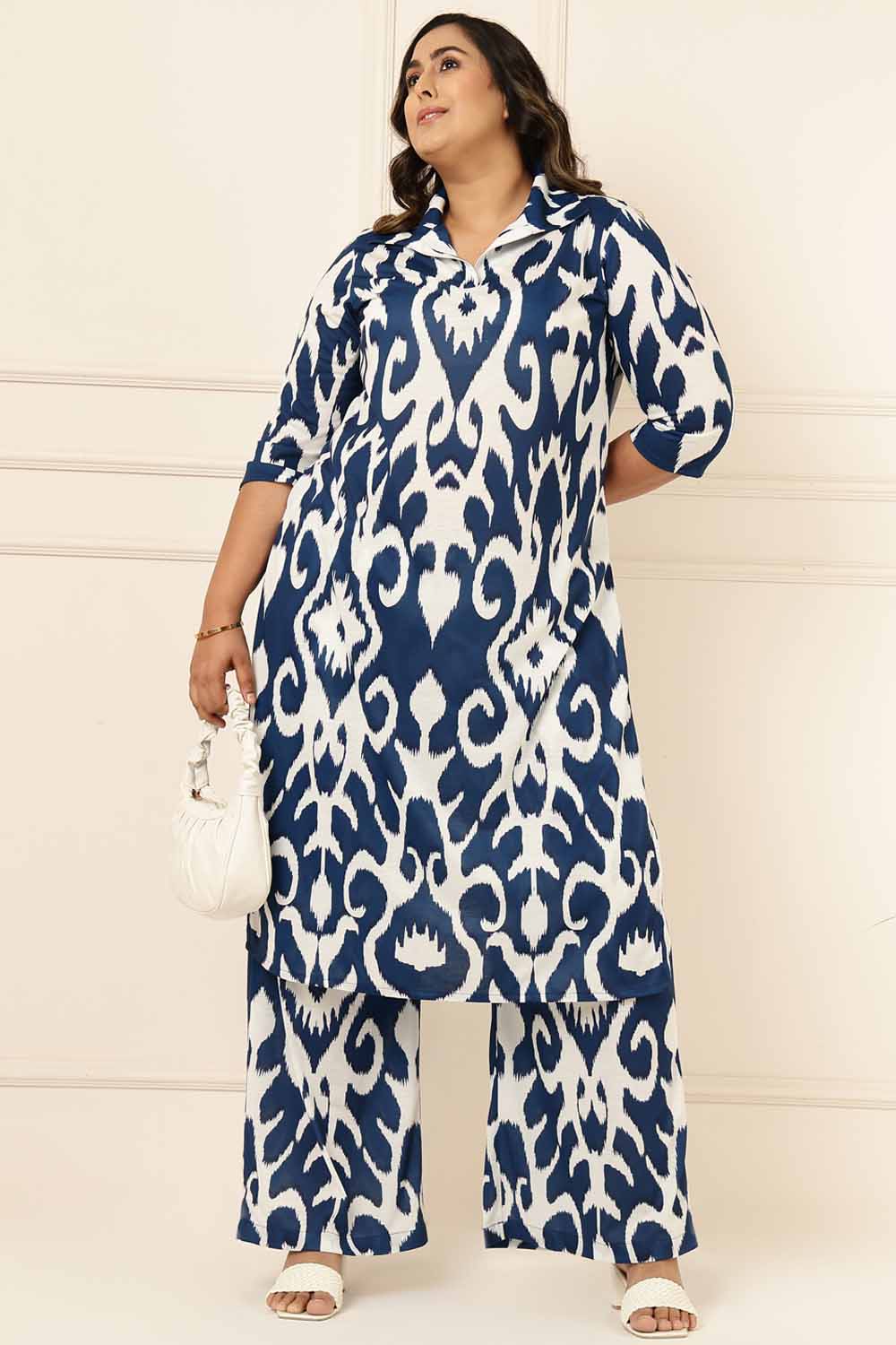 Plus Size Blue White Printed Kurta