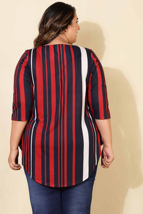 Plus Size Red Blue Striped Centre Pleat Top