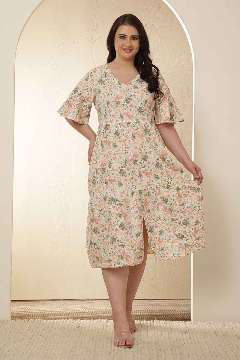 Plus Size Plus Size Floral Print Tiered Cotton Dress