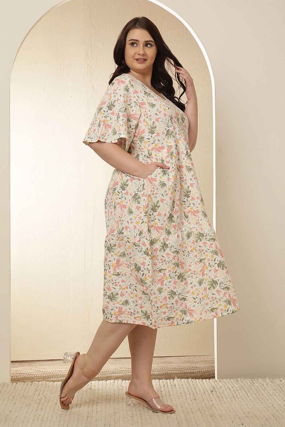Plus Size Floral Print Tiered Cotton Dress for Women