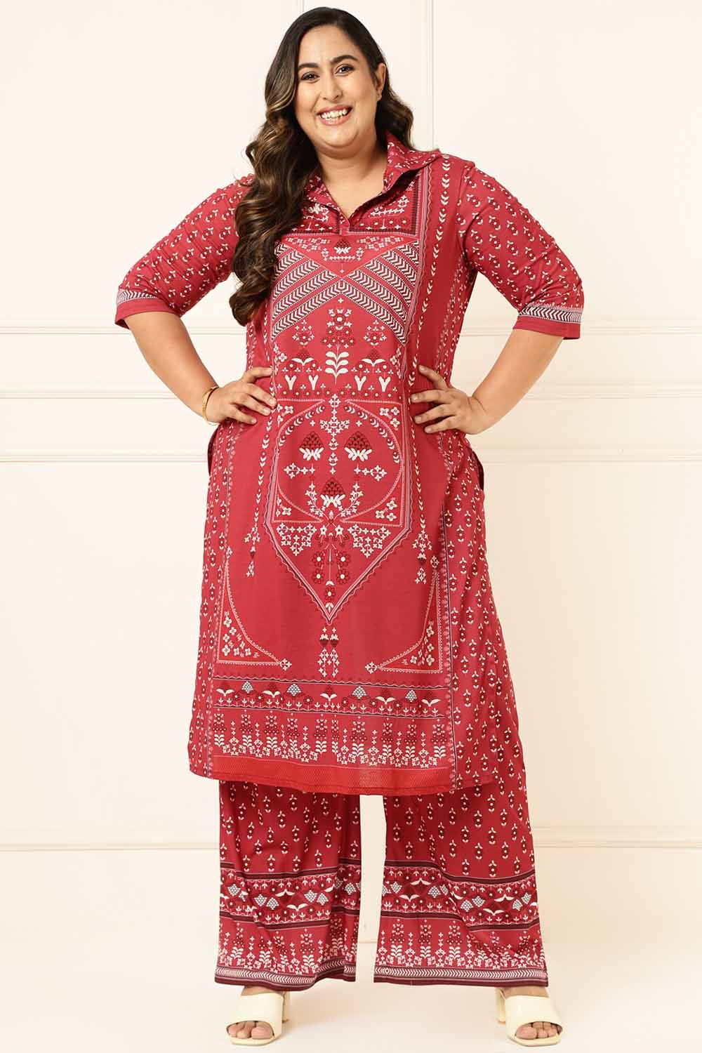 Plus Size Red Ethnic Print Kurta