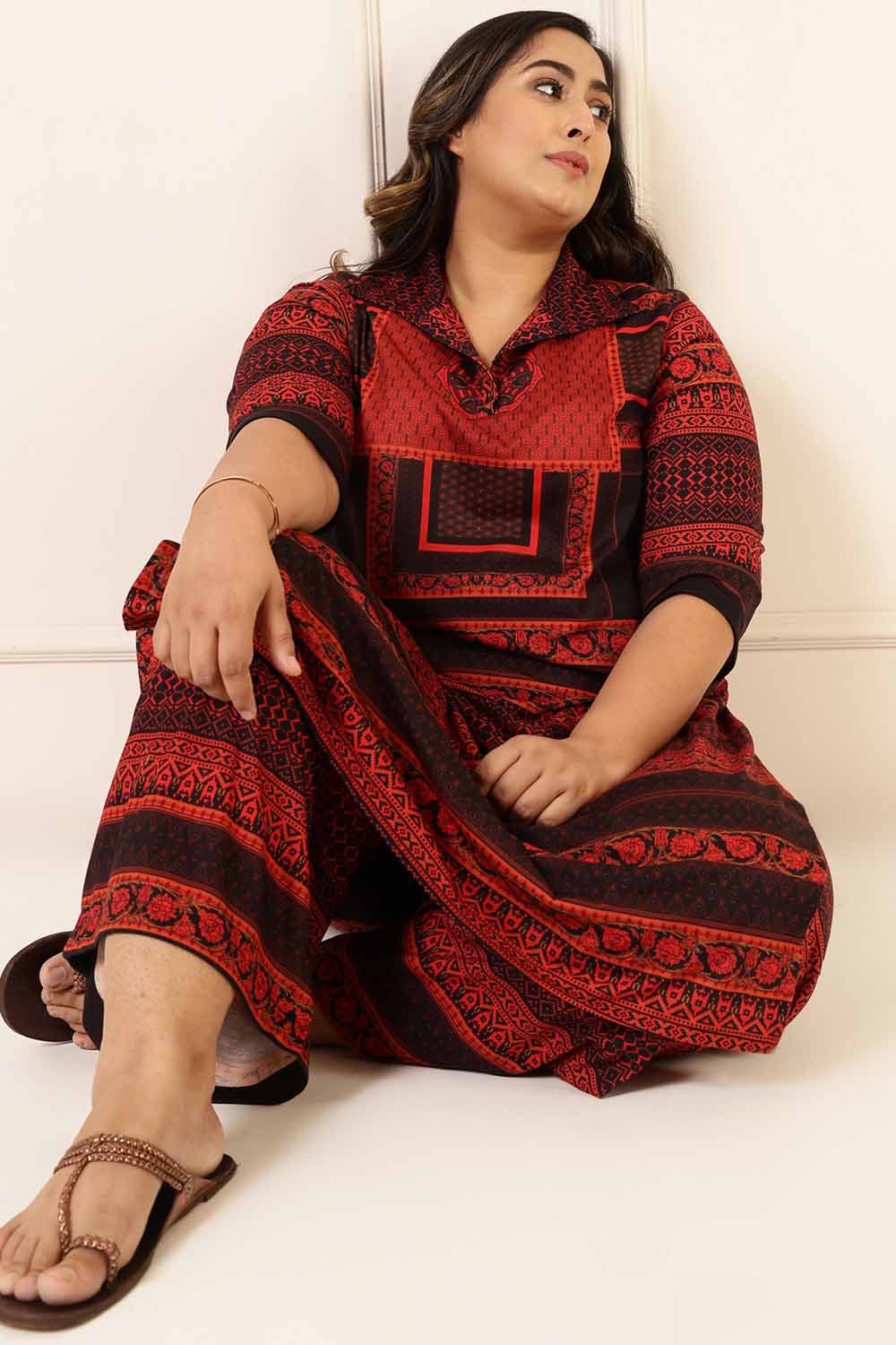 Plus Size Black Red Geometric Kurta