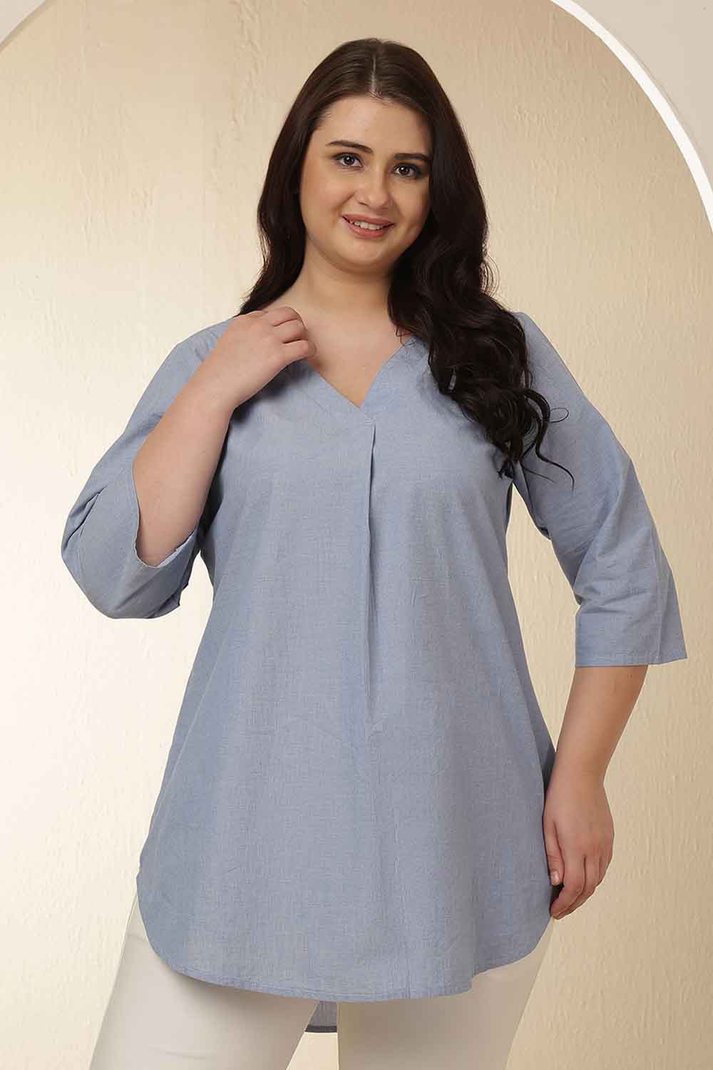 Plus Size Plus Size Light Blue V Neck Cotton Top
