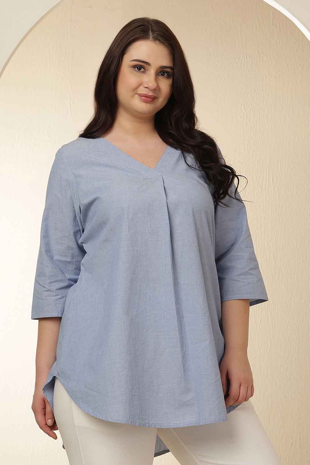 Plus Size Light Blue V Neck Cotton Top