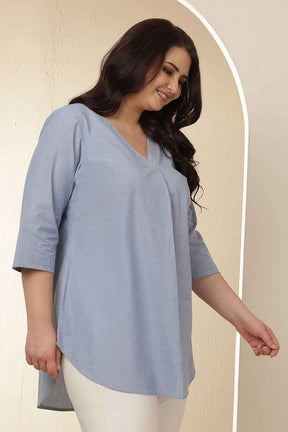 Plus Size Light Blue V Neck Cotton Top