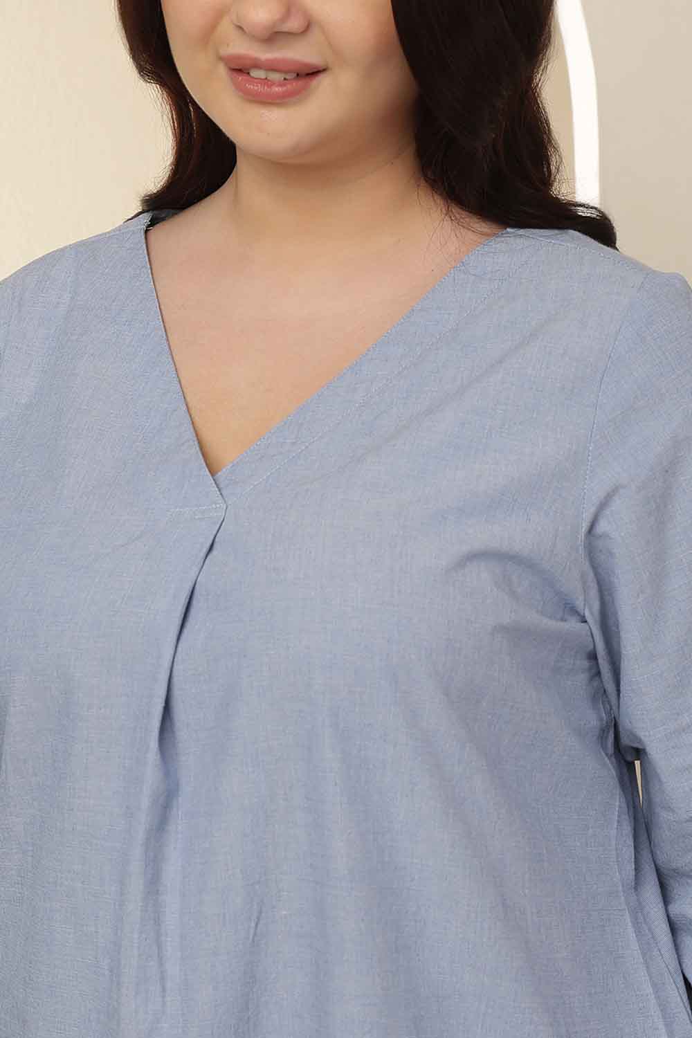 Comfortable Plus Size Light Blue V Neck Cotton Top