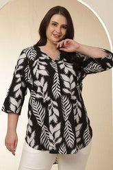 Plus Size Black White Leaf Print  V Neck  Top