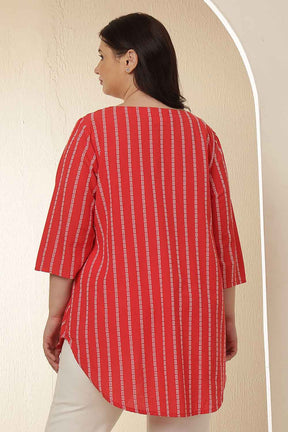 Plus Size Red Stripe V Neck Cotton Top