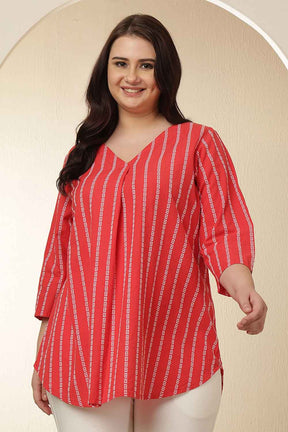 Plus Size Red Stripe V Neck Cotton Top