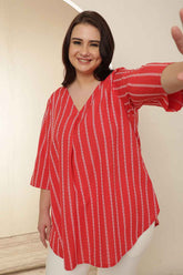 Plus Size Red Stripe V Neck Cotton Top