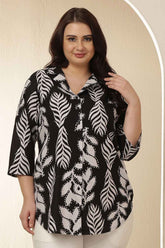 Plus Size Black White Leaf Print Cuban Collar Cotton Shirt