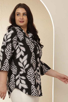 Plus Size Black White Leaf Print Cuban Collar Cotton Shirt